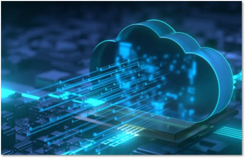 teal 3D illustrated cloud with blue lights coming from the center