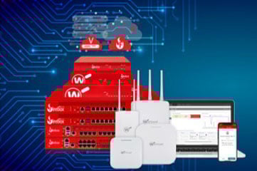 WatchGuard hardware products, icons and WatchGuard Cloud screens showing on devices