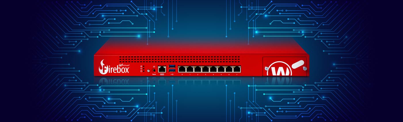 Red WatchGuard Firebox floating against a blue circuit board design