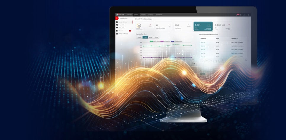 Computer monitor with a shining gold wave of lights in front of the screen