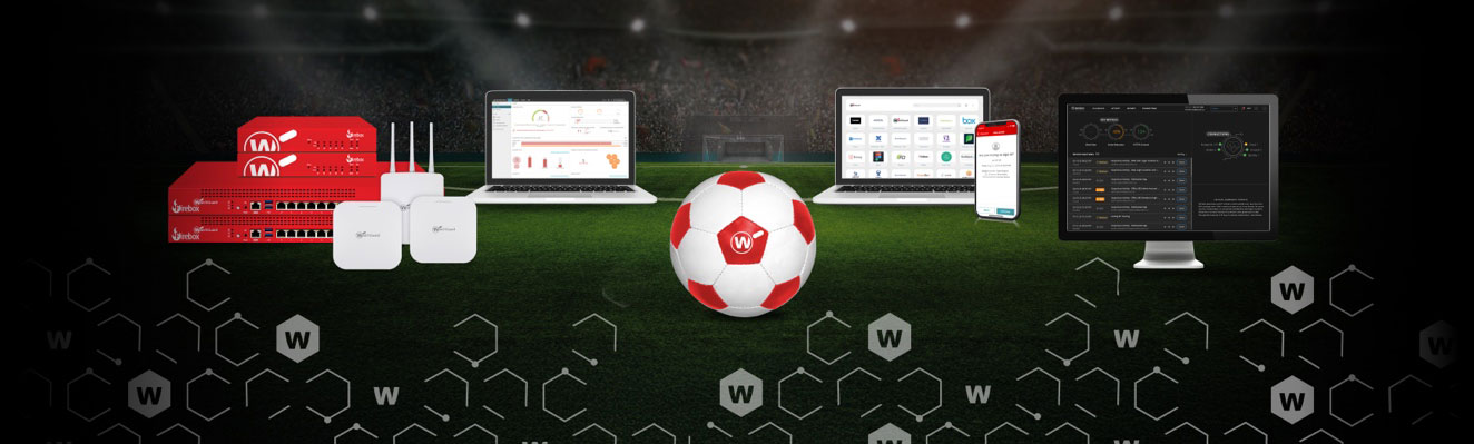 WatchGuard products and a red and white football in front of the stadium