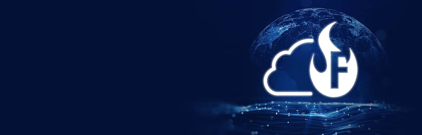 WatchGuard FireCloud icon in white in front of a globe made of white lights 