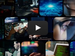 Video frames in several stacked boxes including a close up of an eye 