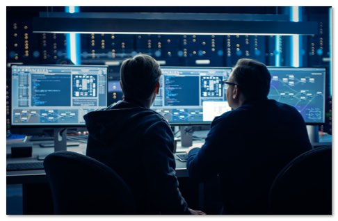 Silhouettes of two people working in front of large monitors in a SOC