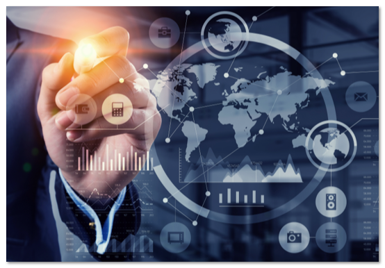 Hand behind a glass screen with an world surrounded by icons in front