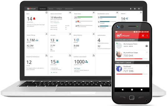 WatchGuard AuthPoint screens showing on a laptop and a mobile phone
