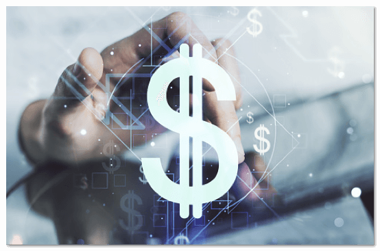 Hand on a touchscreen device with a white US dollar sign in front