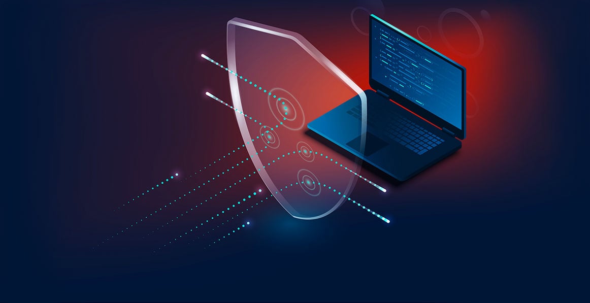 Shield with threats bouncing off of it in front of a laptop on a red and blue background